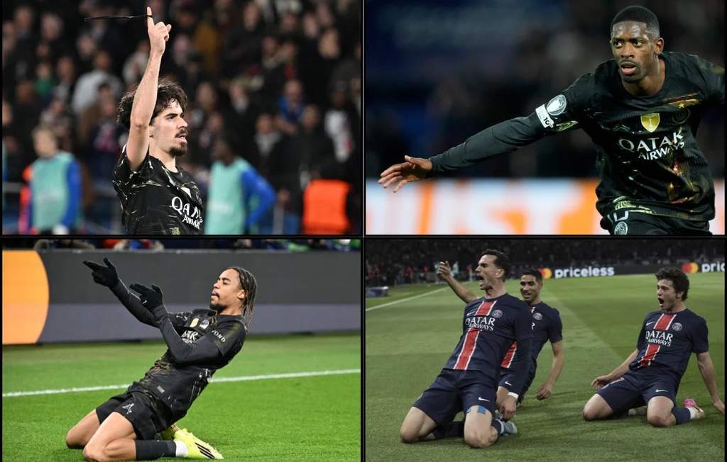 Pemain Paris Saint-Germain merayakan gol di kompetisi Liga Champions.
